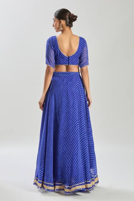 Shop_Naintara Bajaj_Blue Georgette Lace V-neck Embellished Leheriya Lehenga Set _at_Aza_Fashions