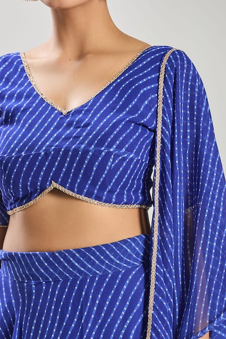 Shop_Naintara Bajaj_Blue Georgette Lace V-neck Embellished Leheriya Lehenga Set _Online_at_Aza_Fashions