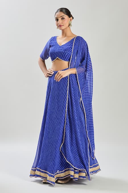 Shop_Naintara Bajaj_Blue Georgette Lace V-neck Embellished Leheriya Lehenga Set 