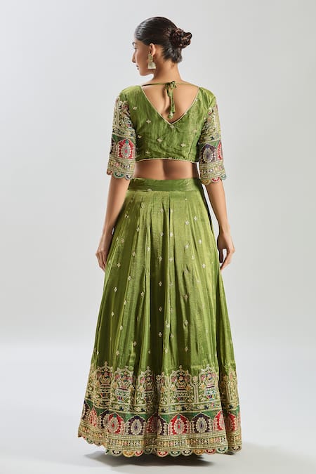 Shop_Samyukta Singhania_Green Tissue Sequins, Zari, Embroidery V-neck Lehenga Set _at_Aza_Fashions