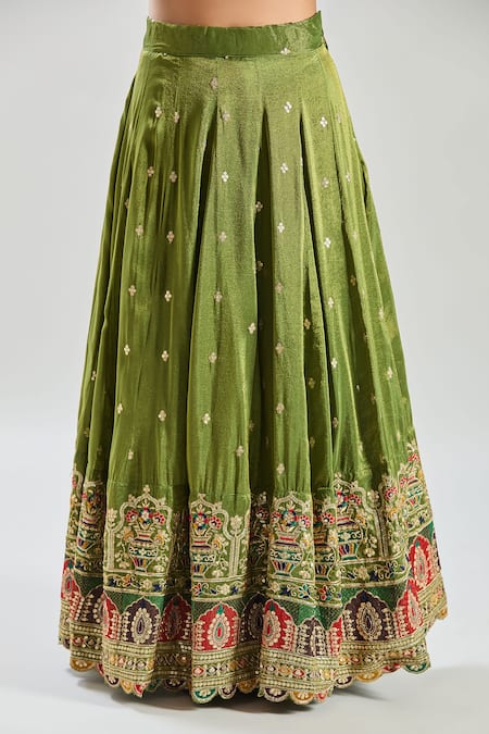 Shop_Samyukta Singhania_Green Tissue Sequins, Zari, Embroidery V-neck Lehenga Set _Online_at_Aza_Fashions
