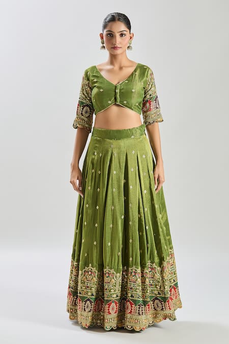 Samyukta Singhania_Green Tissue Sequins, Zari, Embroidery V-neck Lehenga Set _at_Aza_Fashions