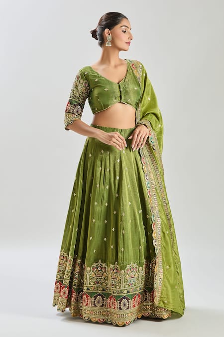 Buy_Samyukta Singhania_Green Tissue Sequins, Zari, Embroidery V-neck Lehenga Set 