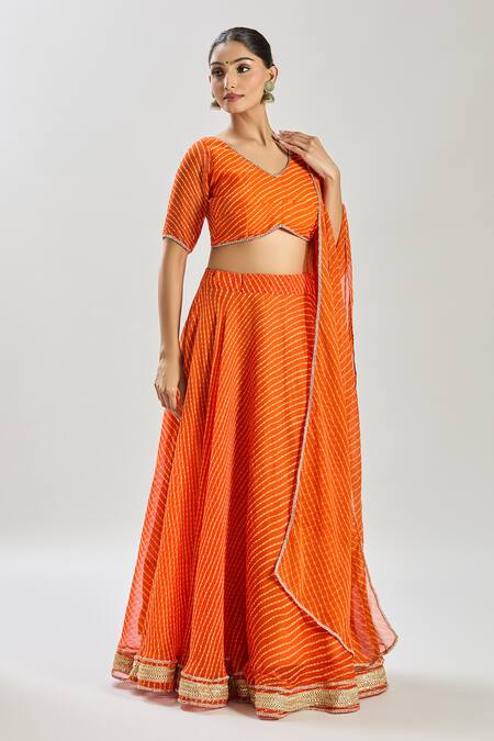 Naintara Bajaj Orange Georgette Lace V-neck Embellished Lehenga Set Online at Aza Fashions Naintara Bajaj_Orange Georgette Lace V-neck Embellished Lehenga Set_Online_at_Aza_Fashions
