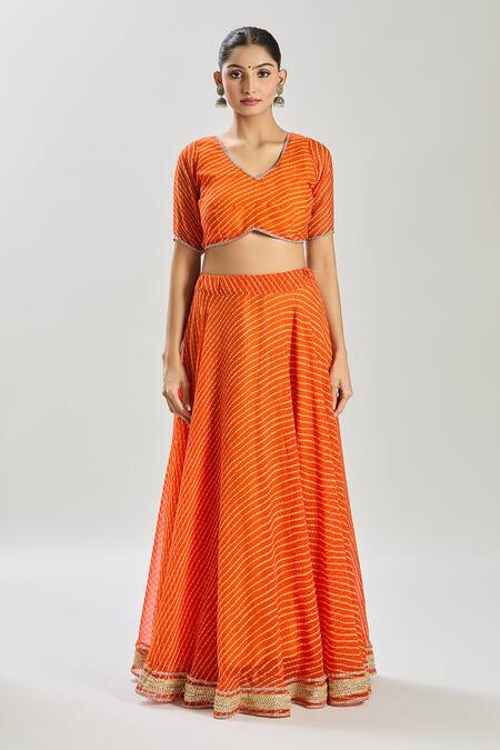 Buy Naintara Bajaj Orange Georgette Lace V-neck Embellished Lehenga Set Buy_Naintara Bajaj_Orange Georgette Lace V-neck Embellished Lehenga Set