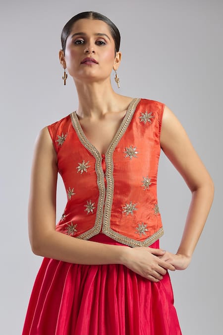 Naintara Bajaj_Red , Organza Embroidery, Sequins, Zari, Gota Patti Floral Lehenga Set _Online_at_Aza_Fashions