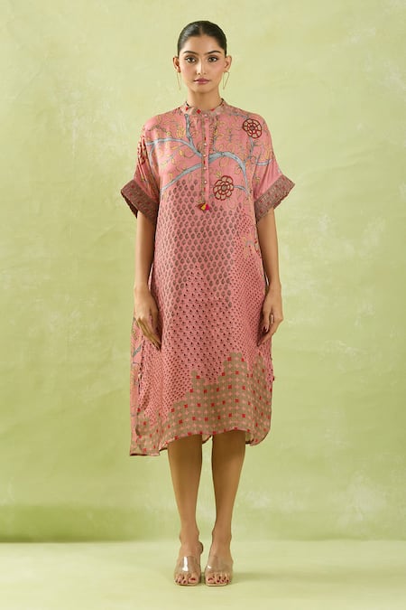 Shop_Shraddha Rambhia_Pink Silk Smocking Mandarin Collar Floral Vine Printed Midi Dress_Online_at_Aza_Fashions