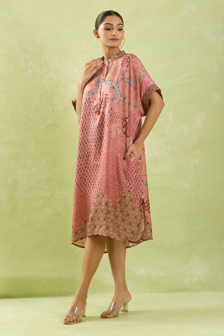 Shraddha Rambhia_Pink Silk Smocking Mandarin Collar Floral Vine Printed Midi Dress_at_Aza_Fashions