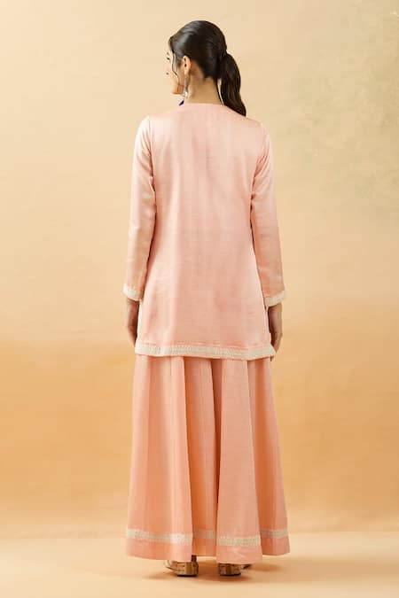 Shop Brij Peach Linen, Silk Embroidery, Diamonds Keyhole Neck Dori Kurta Set at Aza Fashions Shop_Brij_Peach Linen, Silk Embroidery, Diamonds Keyhole Neck Dori Kurta Set _at_Aza_Fashions
