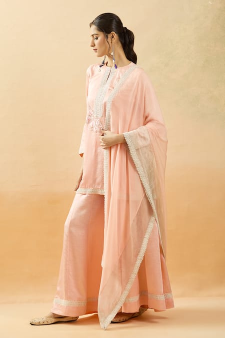 Brij Peach Linen, Silk Embroidery, Diamonds Keyhole Neck Dori Kurta Set at Aza Fashions Brij_Peach Linen, Silk Embroidery, Diamonds Keyhole Neck Dori Kurta Set _at_Aza_Fashions