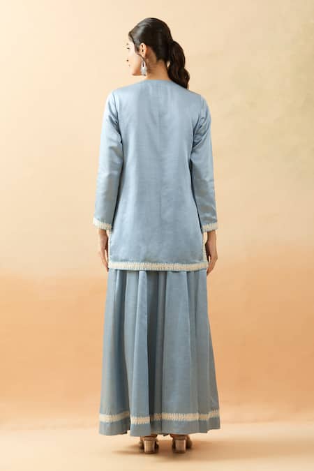 Shop Brij Blue Linen, Silk Embroidery Keyhole Neck Dori Kurta Set at Aza Fashions Shop_Brij_Blue Linen, Silk Embroidery Keyhole Neck Dori Kurta Set _at_Aza_Fashions