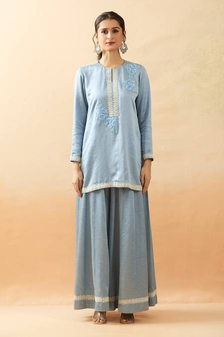 Brij Blue Linen, Silk Embroidery Keyhole Neck Dori Kurta Set Online at Aza Fashions Brij_Blue Linen, Silk Embroidery Keyhole Neck Dori Kurta Set _Online_at_Aza_Fashions
