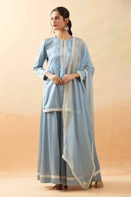 Buy Brij Blue Linen, Silk Embroidery Keyhole Neck Dori Kurta Set Online at Aza Fashions Buy_Brij_Blue Linen, Silk Embroidery Keyhole Neck Dori Kurta Set _Online_at_Aza_Fashions