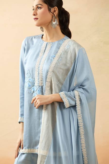 Shop Brij Blue Linen, Silk Embroidery Keyhole Neck Dori Kurta Set Online at Aza Fashions Shop_Brij_Blue Linen, Silk Embroidery Keyhole Neck Dori Kurta Set _Online_at_Aza_Fashions