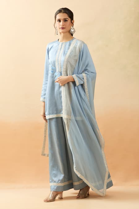 Buy Brij Blue Linen, Silk Embroidery Keyhole Neck Dori Kurta Set Buy_Brij_Blue Linen, Silk Embroidery Keyhole Neck Dori Kurta Set
