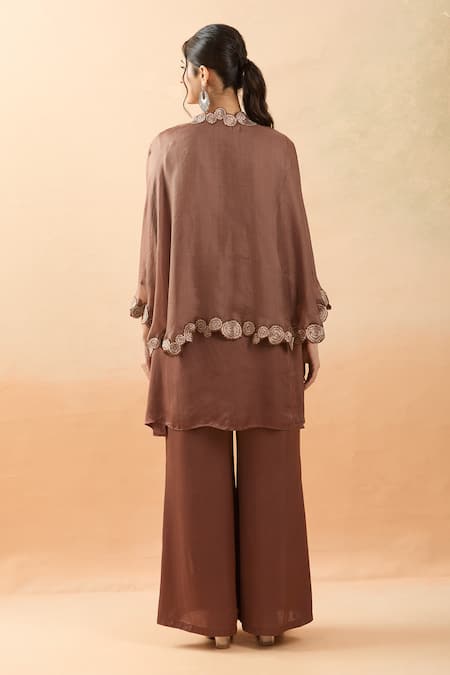 Shop_Brij_Brown Modal, Satin Embroidery Round Neck Thread Cape Kurta Set _at_Aza_Fashions
