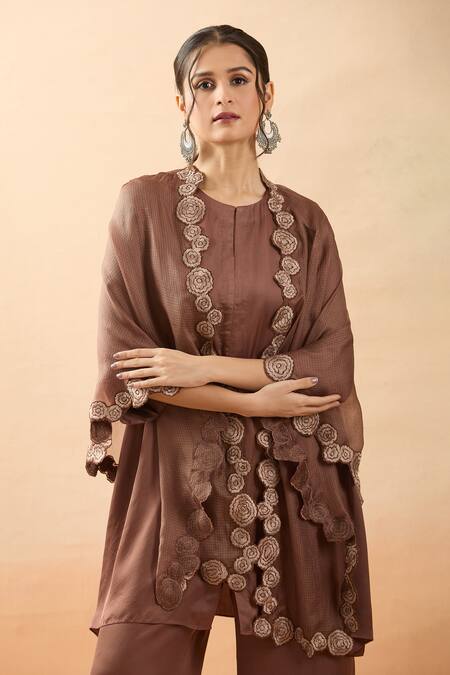 Brij_Brown Modal, Satin Embroidery Round Neck Thread Cape Kurta Set _Online_at_Aza_Fashions