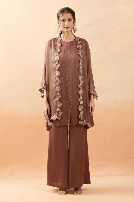 Shop_Brij_Brown Modal, Satin Embroidery Round Neck Thread Cape Kurta Set _Online_at_Aza_Fashions