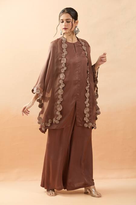 Brij_Brown Modal, Satin Embroidery Round Neck Thread Cape Kurta Set _at_Aza_Fashions