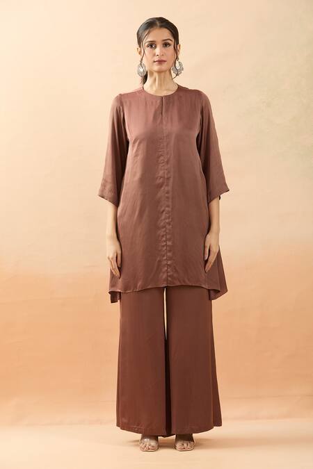 Buy_Brij_Brown Modal, Satin Embroidery Round Neck Thread Cape Kurta Set 