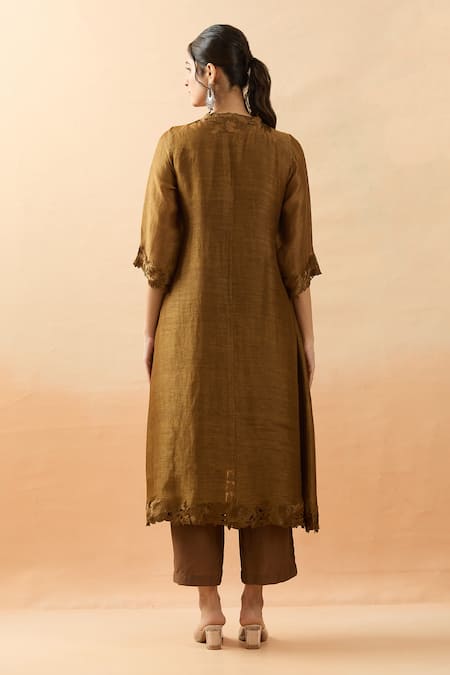 Shop Brij Brown Chanderi Silk, Muslin Embroidery Open Neck, Thread Jacket Kurta Set at Aza Fashions Shop_Brij_Brown Chanderi Silk, Muslin Embroidery Open Neck, Thread Jacket Kurta Set _at_Aza_Fashions