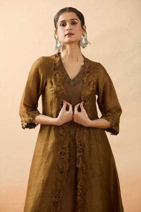 Brij Brown Chanderi Silk, Muslin Embroidery Open Neck, Thread Jacket Kurta Set Online at Aza Fashions Brij_Brown Chanderi Silk, Muslin Embroidery Open Neck, Thread Jacket Kurta Set _Online_at_Aza_Fashions