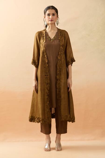 Shop Brij Brown Chanderi Silk, Muslin Embroidery Open Neck, Thread Jacket Kurta Set Online at Aza Fashions Shop_Brij_Brown Chanderi Silk, Muslin Embroidery Open Neck, Thread Jacket Kurta Set _Online_at_Aza_Fashions