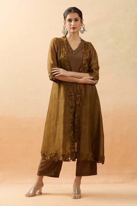 Brij Brown Chanderi Silk, Muslin Embroidery Open Neck, Thread Jacket Kurta Set at Aza Fashions Brij_Brown Chanderi Silk, Muslin Embroidery Open Neck, Thread Jacket Kurta Set _at_Aza_Fashions