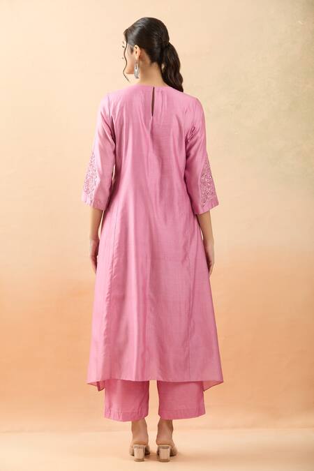 Shop Brij Pink Chanderi Silk, Kota Doria Embroidery Round Neck Candy Thread Kurta Set at Aza Fashions Shop_Brij_Pink Chanderi Silk, Kota Doria Embroidery Round Neck Candy Thread Kurta Set _at_Aza_Fashions