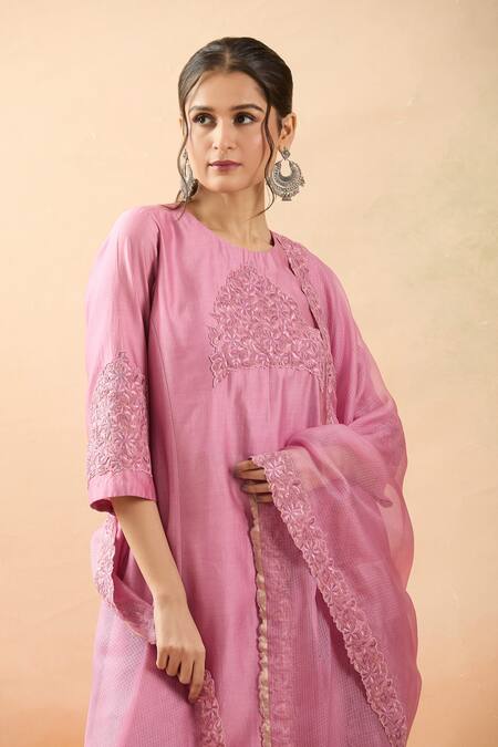 Brij Pink Chanderi Silk, Kota Doria Embroidery Round Neck Candy Thread Kurta Set Online at Aza Fashions Brij_Pink Chanderi Silk, Kota Doria Embroidery Round Neck Candy Thread Kurta Set _Online_at_Aza_Fashions