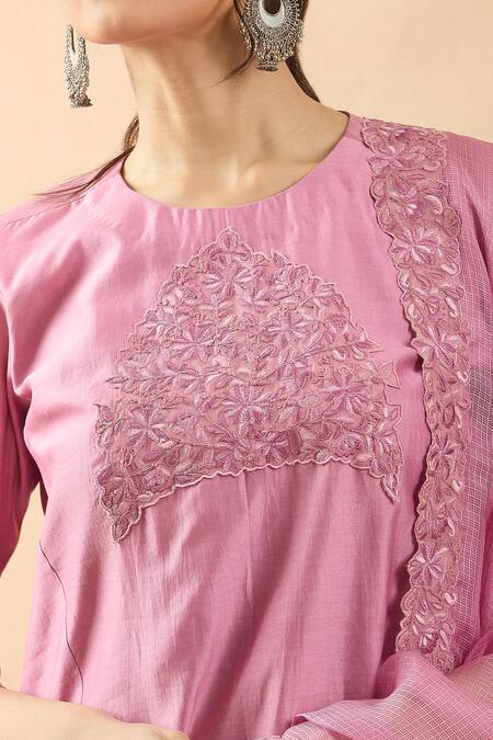 Buy Brij Pink Chanderi Silk, Kota Doria Embroidery Round Neck Candy Thread Kurta Set Online at Aza Fashions Buy_Brij_Pink Chanderi Silk, Kota Doria Embroidery Round Neck Candy Thread Kurta Set _Online_at_Aza_Fashions