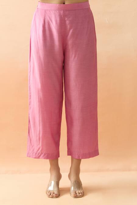 Shop Brij Pink Chanderi Silk, Kota Doria Embroidery Round Neck Candy Thread Kurta Set Online at Aza Fashions Shop_Brij_Pink Chanderi Silk, Kota Doria Embroidery Round Neck Candy Thread Kurta Set _Online_at_Aza_Fashions