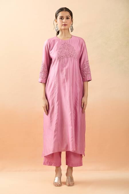 Brij Pink Chanderi Silk, Kota Doria Embroidery Round Neck Candy Thread Kurta Set at Aza Fashions Brij_Pink Chanderi Silk, Kota Doria Embroidery Round Neck Candy Thread Kurta Set _at_Aza_Fashions