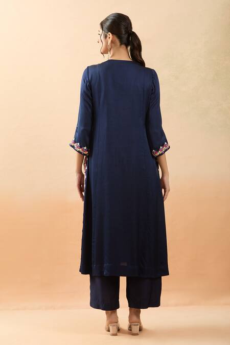 Shop Brij Navy Modal, Silk, Satin, Kota Doria Embroidery Round Neck Placement Kurta Set at Aza Fashions Shop_Brij_Navy Modal, Silk, Satin, Kota Doria Embroidery Round Neck Placement Kurta Set _at_Aza_Fashions