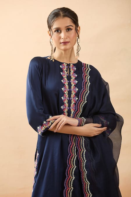 Brij Navy Modal, Silk, Satin, Kota Doria Embroidery Round Neck Placement Kurta Set Online at Aza Fashions Brij_Navy Modal, Silk, Satin, Kota Doria Embroidery Round Neck Placement Kurta Set _Online_at_Aza_Fashions
