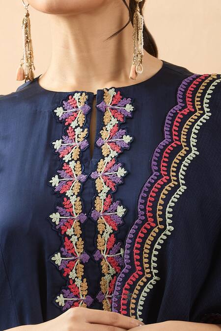 Buy Brij Navy Modal, Silk, Satin, Kota Doria Embroidery Round Neck Placement Kurta Set Online at Aza Fashions Buy_Brij_Navy Modal, Silk, Satin, Kota Doria Embroidery Round Neck Placement Kurta Set _Online_at_Aza_Fashions