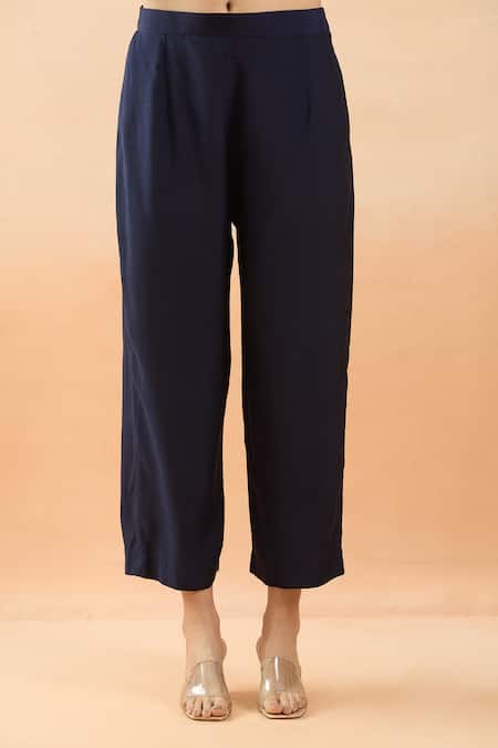 Shop Brij Navy Modal, Silk, Satin, Kota Doria Embroidery Round Neck Placement Kurta Set Online at Aza Fashions Shop_Brij_Navy Modal, Silk, Satin, Kota Doria Embroidery Round Neck Placement Kurta Set _Online_at_Aza_Fashions