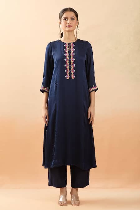 Brij Navy Modal, Silk, Satin, Kota Doria Embroidery Round Neck Placement Kurta Set at Aza Fashions Brij_Navy Modal, Silk, Satin, Kota Doria Embroidery Round Neck Placement Kurta Set _at_Aza_Fashions