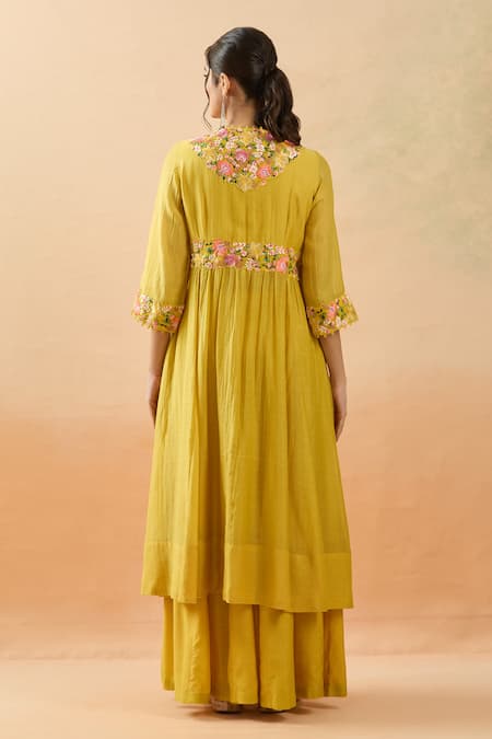Shop Brij Yellow Kota Doria Embroidery Round Neck Thread Anarkali Set at Aza Fashions Shop_Brij_Yellow Kota Doria Embroidery Round Neck Thread Anarkali Set _at_Aza_Fashions