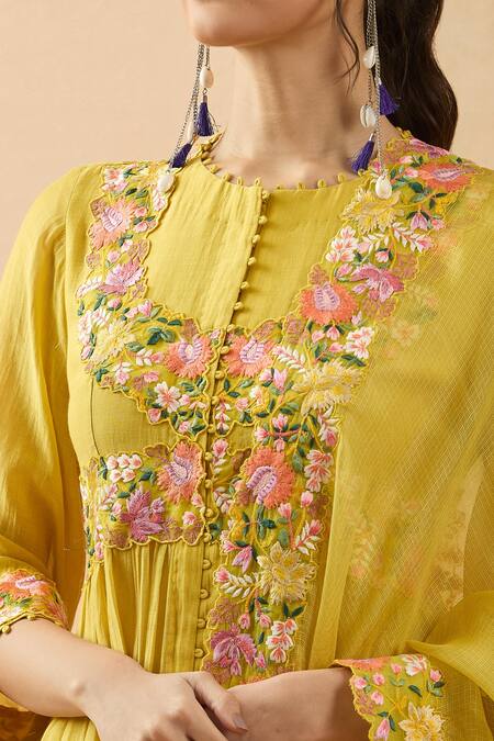 Brij Yellow Kota Doria Embroidery Round Neck Thread Anarkali Set Online at Aza Fashions Brij_Yellow Kota Doria Embroidery Round Neck Thread Anarkali Set _Online_at_Aza_Fashions