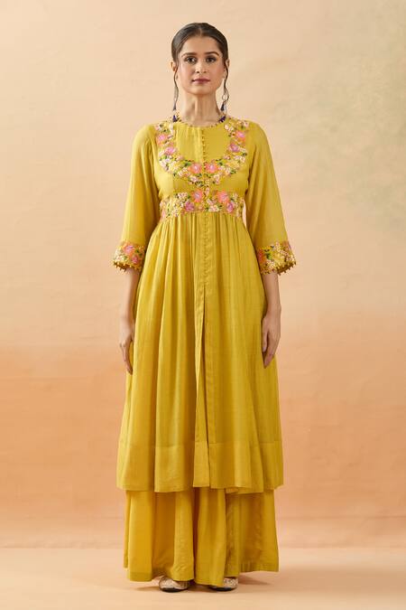Shop Brij Yellow Kota Doria Embroidery Round Neck Thread Anarkali Set Online at Aza Fashions Shop_Brij_Yellow Kota Doria Embroidery Round Neck Thread Anarkali Set _Online_at_Aza_Fashions