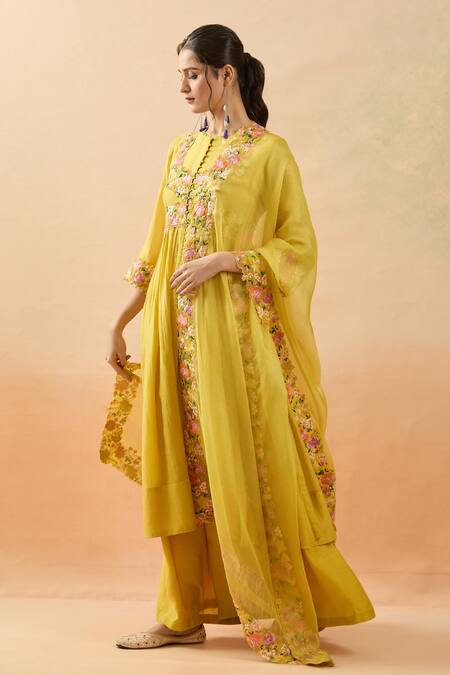 Brij Yellow Kota Doria Embroidery Round Neck Thread Anarkali Set at Aza Fashions Brij_Yellow Kota Doria Embroidery Round Neck Thread Anarkali Set _at_Aza_Fashions