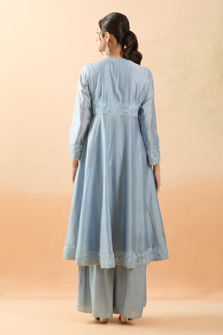 Shop Brij Blue Chanderi Silk Embroidery Round Neck Dori Anarkali Set at Aza Fashions Shop_Brij_Blue Chanderi Silk Embroidery Round Neck Dori Anarkali Set _at_Aza_Fashions