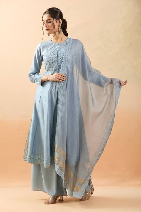 Brij Blue Chanderi Silk Embroidery Round Neck Dori Anarkali Set Online at Aza Fashions Brij_Blue Chanderi Silk Embroidery Round Neck Dori Anarkali Set _Online_at_Aza_Fashions