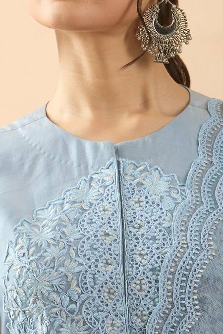 Buy Brij Blue Chanderi Silk Embroidery Round Neck Dori Anarkali Set Online at Aza Fashions Buy_Brij_Blue Chanderi Silk Embroidery Round Neck Dori Anarkali Set _Online_at_Aza_Fashions