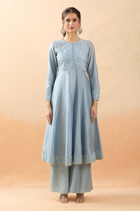 Brij Blue Chanderi Silk Embroidery Round Neck Dori Anarkali Set at Aza Fashions Brij_Blue Chanderi Silk Embroidery Round Neck Dori Anarkali Set _at_Aza_Fashions