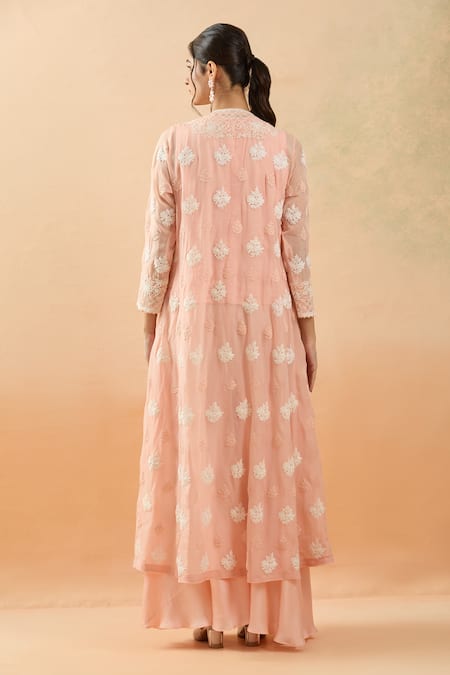 Shop Brij Peach Organza, Modal, Satin Embroidery Open Neck, Floral Jacket Pant Set at Aza Fashions Shop_Brij_Peach Organza, Modal, Satin Embroidery Open Neck, Floral Jacket Pant Set _at_Aza_Fashions
