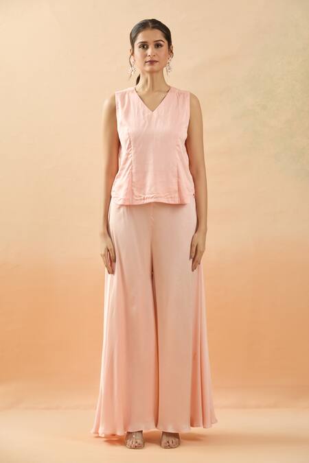 Brij Peach Organza, Modal, Satin Embroidery Open Neck, Floral Jacket Pant Set Online at Aza Fashions Brij_Peach Organza, Modal, Satin Embroidery Open Neck, Floral Jacket Pant Set _Online_at_Aza_Fashions