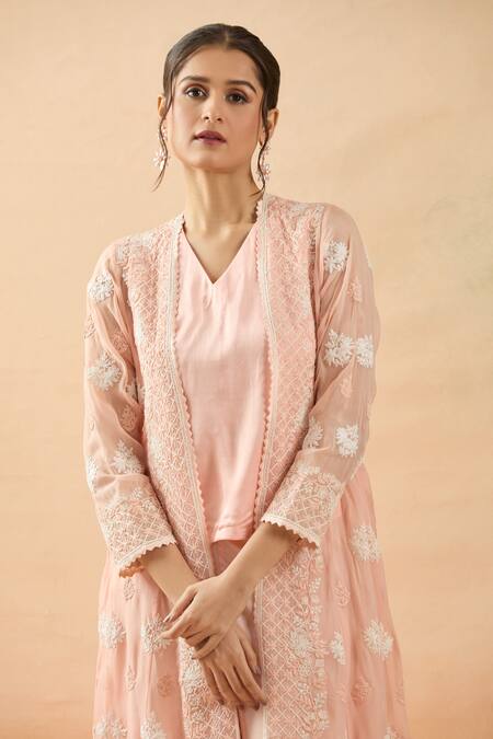 Buy Brij Peach Organza, Modal, Satin Embroidery Open Neck, Floral Jacket Pant Set Online at Aza Fashions Buy_Brij_Peach Organza, Modal, Satin Embroidery Open Neck, Floral Jacket Pant Set _Online_at_Aza_Fashions