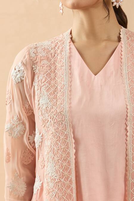 Shop Brij Peach Organza, Modal, Satin Embroidery Open Neck, Floral Jacket Pant Set Online at Aza Fashions Shop_Brij_Peach Organza, Modal, Satin Embroidery Open Neck, Floral Jacket Pant Set _Online_at_Aza_Fashions